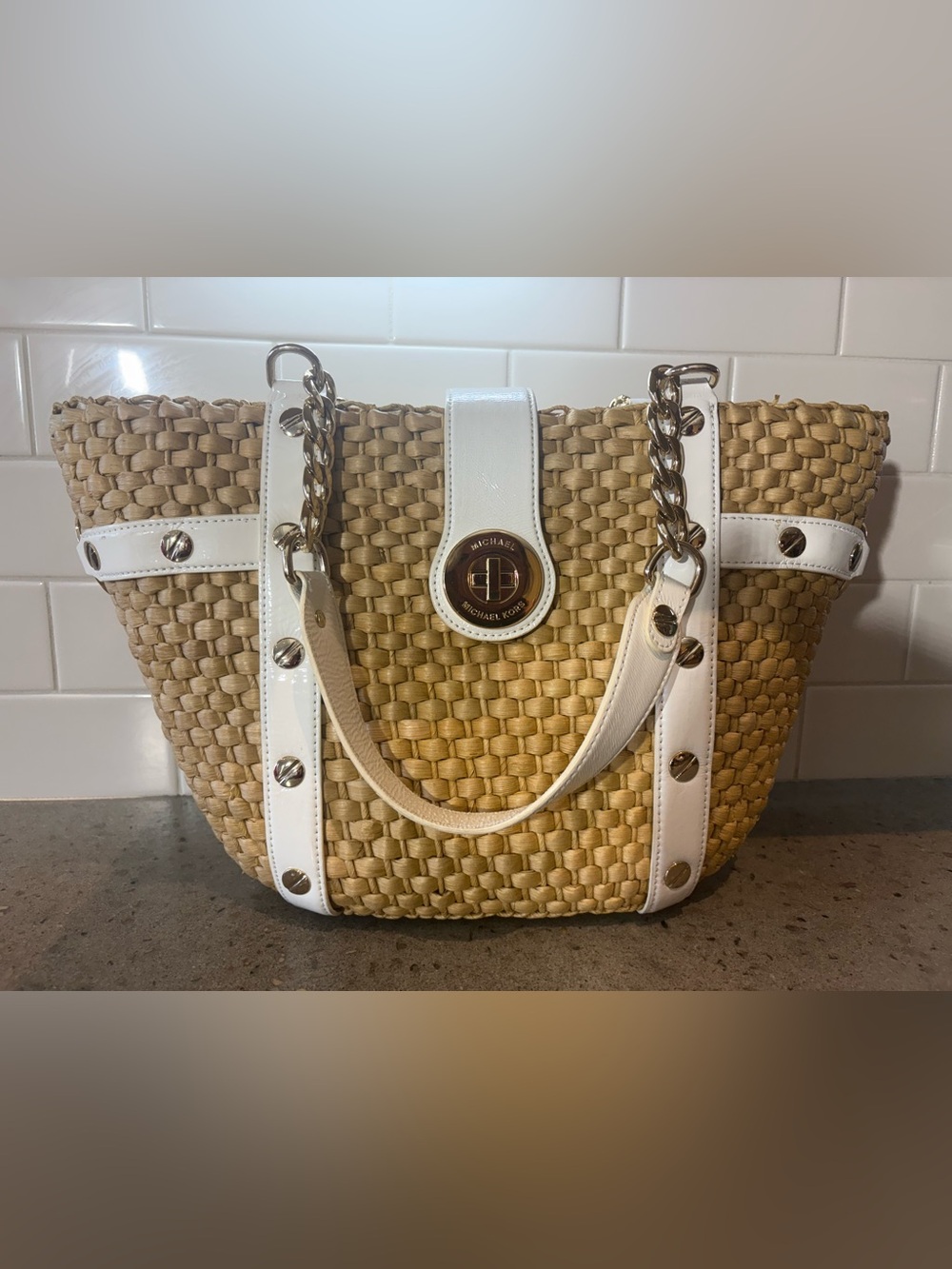Michael Kors Woven Straw Basket Tote Satchel